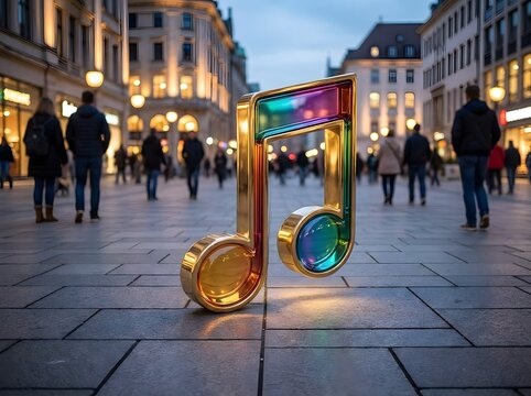 Giant iridescent music note in a city street colorful 3d rendering.