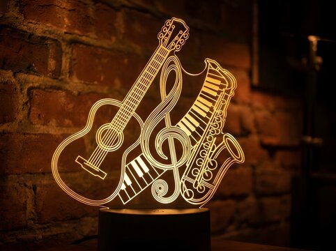 Illuminated music instruments neon light display with guitar saxophone and piano.
