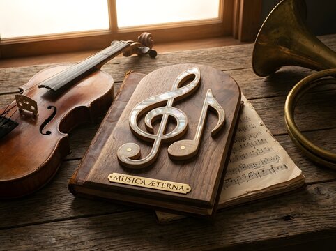 Musical treble clef on sheet music with violin and french horn still life.