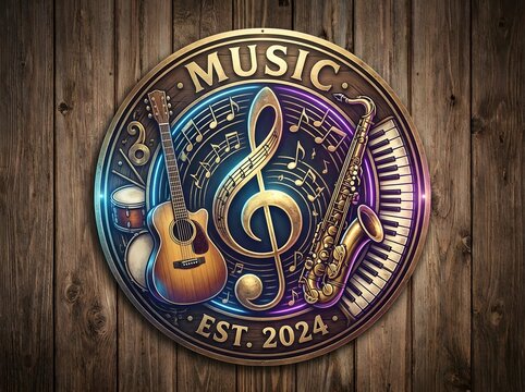 Vintage music emblem with instruments and notes on wooden background.
