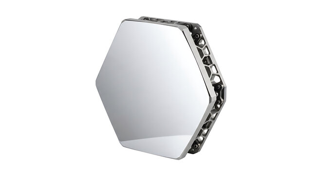 Hexagonal metallic mirror component with a reflective silver surface and a complex honeycomb lattice structure on the side isolated on white