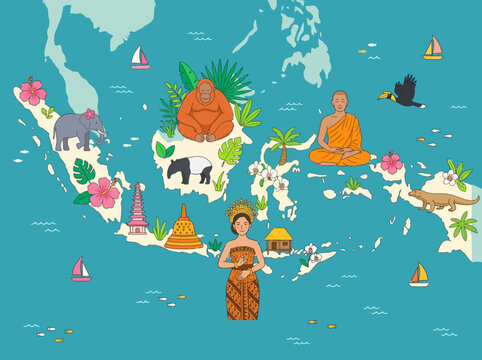 Indonesia Map Illustration with Wildlife, Landmarks, and Cultural Heritage Icons