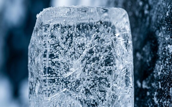 Frozen transparent ice containing tiny natural air bubbles, crystal clear abstract pattern, 

