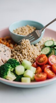 Fresh healthy vegetable salad bowl with lentils and cherry tomatoes mixed with a silver fork