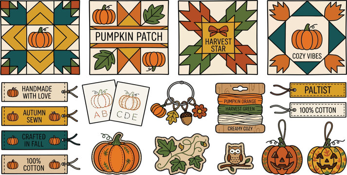 Autumn halloween pumpkin quilt blocks and decorative fall craft labels set with patchwork seasonal thanksgiving halloween cottagecore handmade illustration ornament elements creative workshop