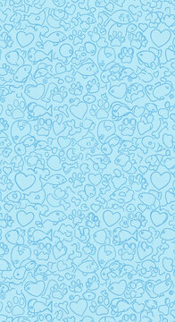 Light blue background with a repeating pattern of simple line drawings of fish, paw prints, bones, and hearts, symbolizing pets and affection