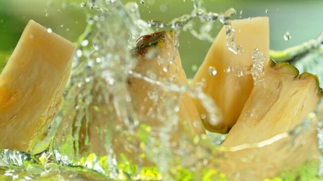 Super Slow Motion Shot of Fresh Pineapple Falling into Water and Making Splash at 1000fps.