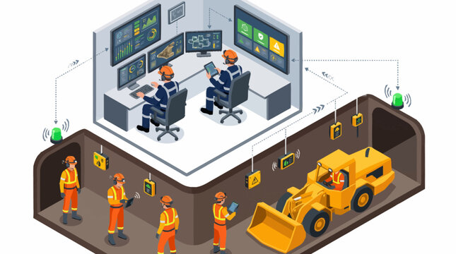 Mining control room with workers and heavy machinery.