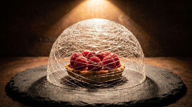 Fresh raspberry tartlet encased in a delicate spun sugar dome on a slate plate