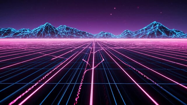 Retro Futuristic Synthwave Landscape with Pink Neon Grid and Wireframe Mountains