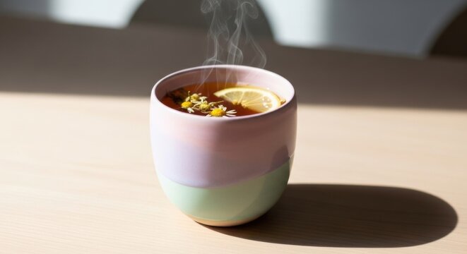 A warm cup of herbal tea with lemon slices and chamomile flowers sitting on a wooden table in soft morning sunlight with gentle steam rising