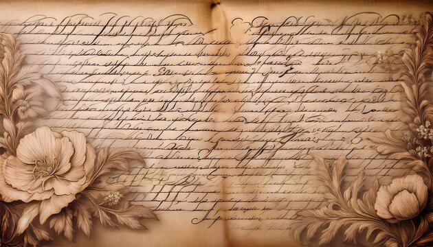 Aged Parchment Paper With Faded Handwritten Cursive Script And Delicate Floral In Sepia Tones