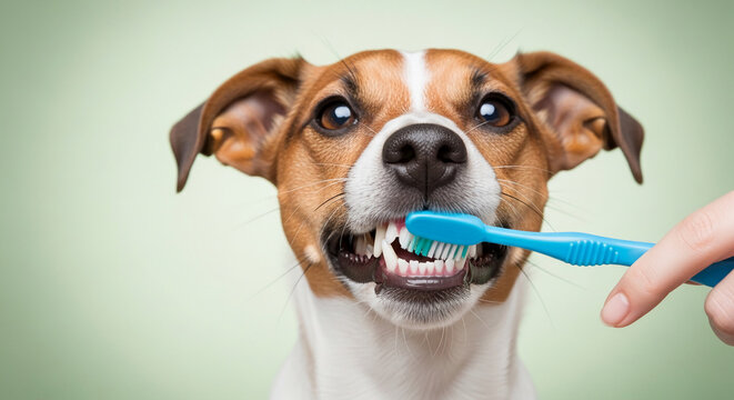 Close-up of a dog having its teeth brushed with a blue toothbrush, symbolizing pet hygiene and care, with space for text or advertisement
