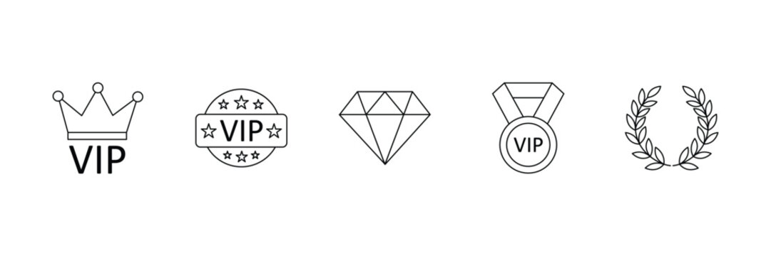 VIP exclusive premium membership badge crown diamond award outline vector icon set for luxury branding.