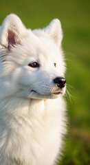 Fototapeta premium Close-up of a white fluffy dog's face, with soft fur and alert eyes, symbolizing companionship and loyalty, in a natural outdoor setting