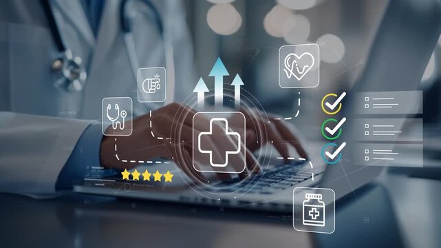 Patient care management system with animated medical cross icon, healthcare services, treatment planning, hospital operations and digital health technology innovation