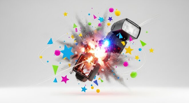 Camera Flash Exploding with Colorful Geometric Shapes and Dust Particles.