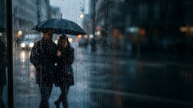 Couple walking under umbrella on a rainy city street at night