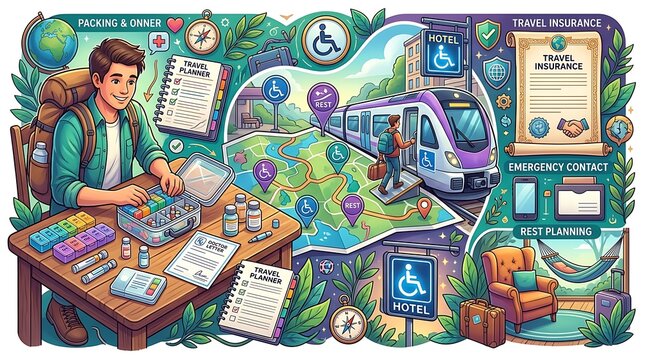 Traveler preparing medication and accessible journey plans