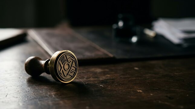 Antique brass and wood seal stamp on a dark wooden desk