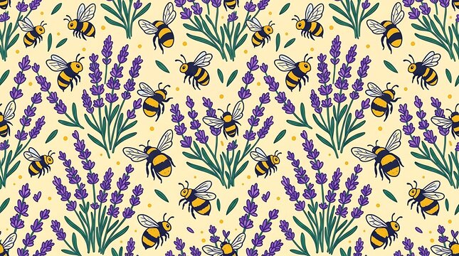 Seamless pattern of bumblebees flying among lavender sprigs