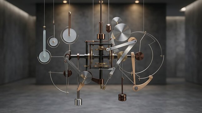 Intricate mechanical kinetic sculpture in a modern industrial setting