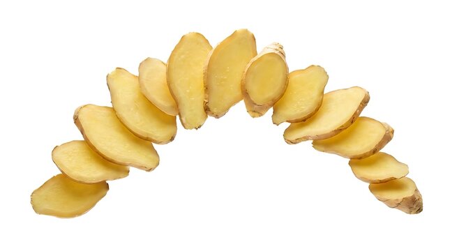 Curved arrangement of fresh ginger root slices on white background.