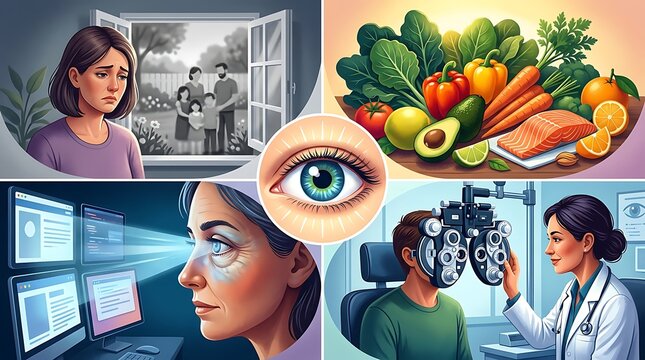 Holistic eye health concepts showing nutrition medical exam and strain