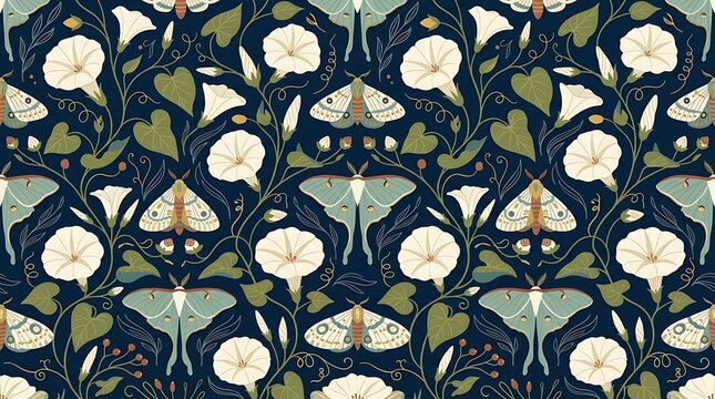Elegant moth and morning glory flower botanical seamless pattern