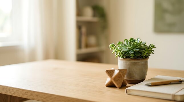 Green succulent in a ceramic pot on a bright wooden office desk