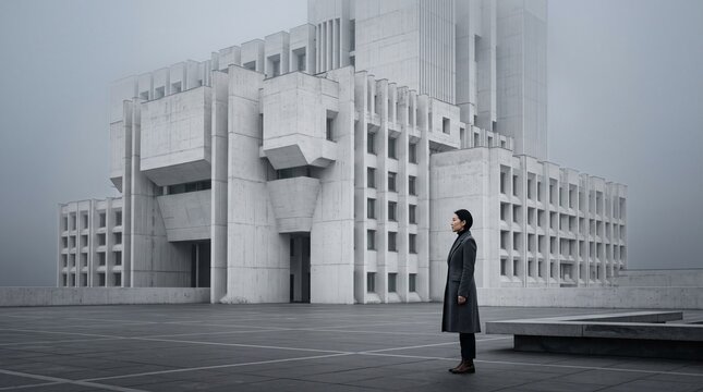 Woman Standing Alone Before Modern Brutalist Architecture
