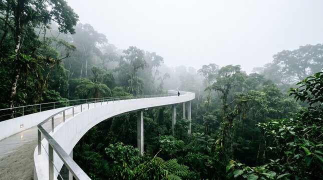 Curved Walkway Bridge Through Misty Tropical Rainforest Canopy