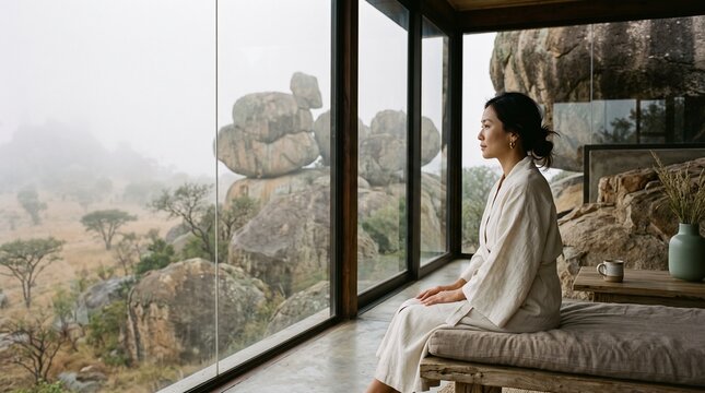 Woman Meditating by Window Overlooking Rocky Mountain Landscape