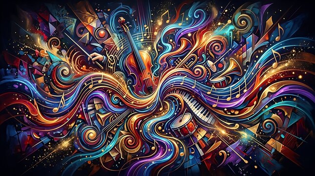 Vibrant abstract musical composition with instruments and notes