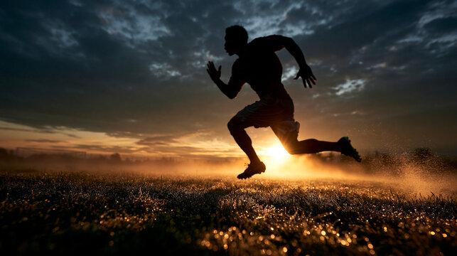 Athlete Running at Sunset Through Golden Field