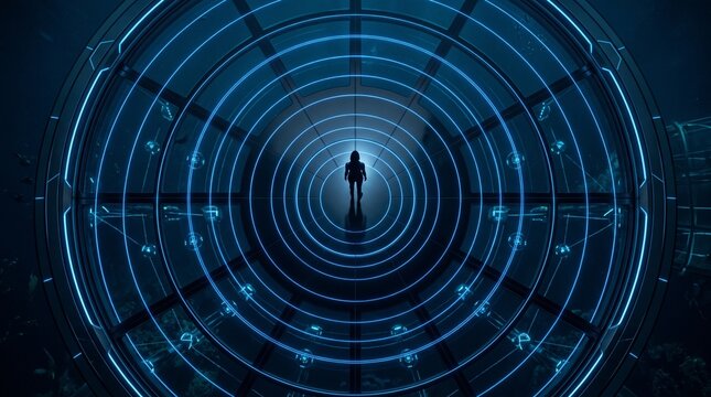 Figure Standing in Center of Glowing Concentric Circles