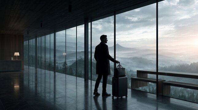 Businessman with Luggage Gazing at Mountain Landscape