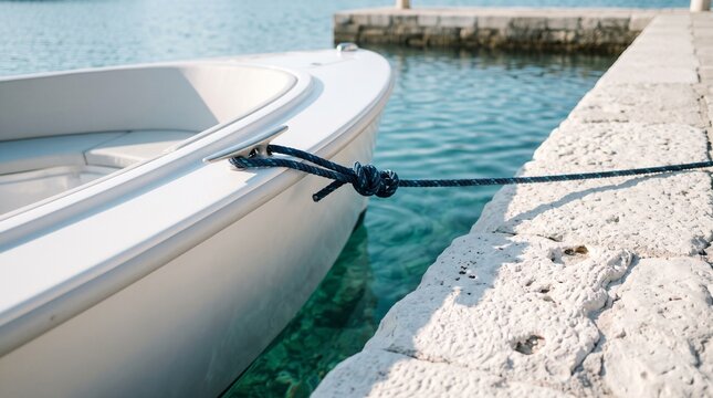 Boat Moored to White Stone Pier with Navy Rope