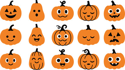 Obraz premium Collection of cute cartoon pumpkins with various funny faces for halloween celebration and autumn holiday season decoration