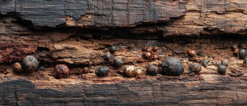 Tiny fungal conidia cluster on weathered wood in the background, illustrating decay.