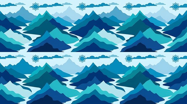 Blue mountain range with winding river and sun pattern