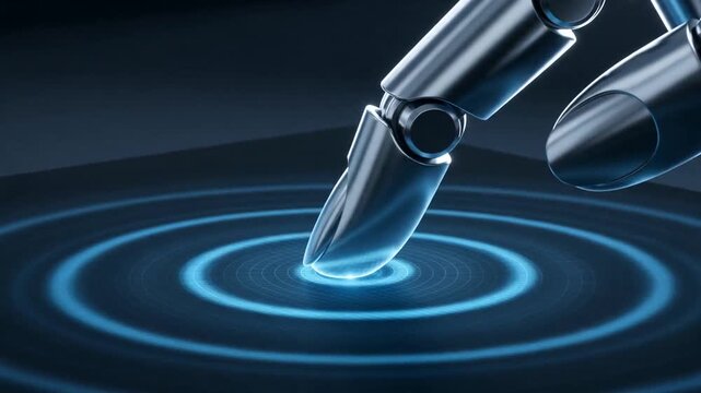 A robotic finger touches a dark surface, triggering expanding blue luminescent rings. This illustrates a futuristic human-machine interface and high-tech connectivity.