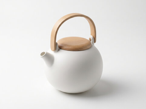 White ceramic teapot with wooden handle isolated