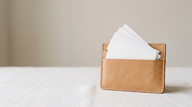 Tan leather business card holder with blank cards on white cloth
