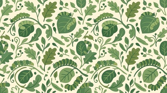 Green caterpillars crawling on forest leaves seamless pattern