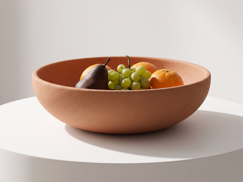 Terracotta bowl with fresh fruit on white table