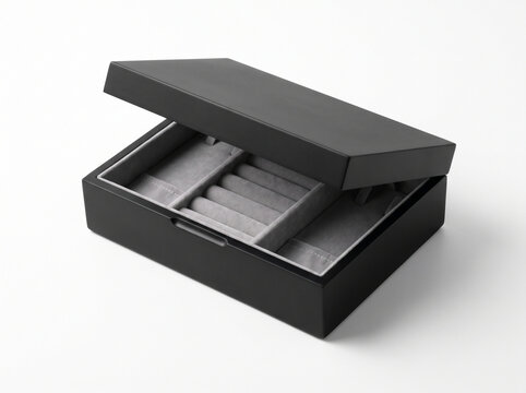 Black jewelry box with velvet interior isolated