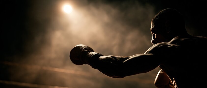 A determined boxer delivers a powerful punch against a dusty, atmospheric background with dramatic lighting.