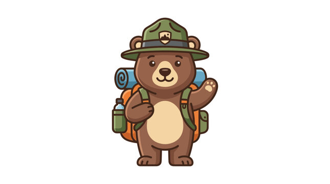 A cute cartoon bear wearing a ranger hat and carrying a backpack for a hiking adventure