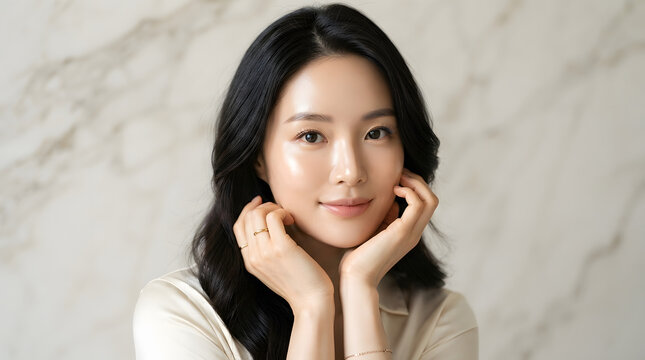 Elegant Young Asian Woman with Radiant Glowing Skin Posing Gently Against a Marble Wall Background